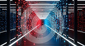 Abstract digital corridor with red and blue binary code particles data