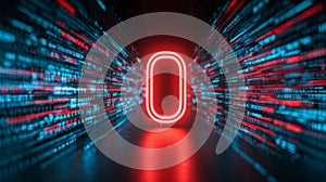 Futuristic digital corridor with glowing red zero symbol surrounded by streaming lines of neon blue and red data code in a high-
