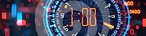 Futuristic digital countdown timer display in neon lights