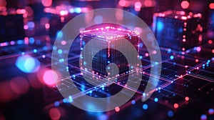 Futuristic Digital Cube with Neon Lights Generative AI