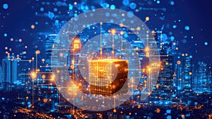 Futuristic digital cube in vivid ai cityscape with glowing neon lights