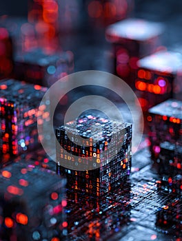 Futuristic digital cubes with glowing binary code in a high-tech environment