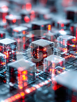 Futuristic digital cubes with glowing binary codes in a high-tech environment