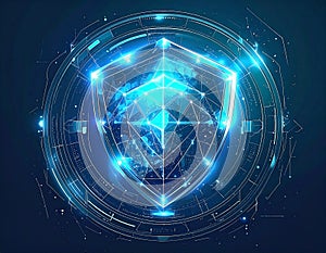 Futuristic digital cyber security shield with glowing network connections