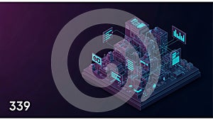 A digital 3D artwork features a network of translucent cubes and panels interconnected with glowing lines.