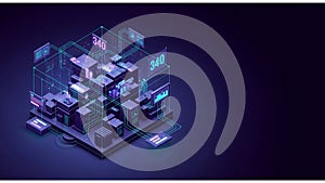 A digital 3D artwork features a network of translucent cubes and panels interconnected with glowing lines.