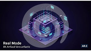 A digital 3D artwork features a network of translucent cubes and panels interconnected with glowing lines.