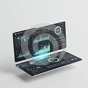 Futuristic digital dashboard displayed on a transparent, floating screen with glowing