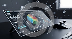 Futuristic digital dashboard displaying analytics with data charts and graphs floating around