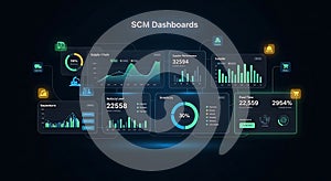 Futuristic digital dashboard displaying complex data analytics and network performance metrics
