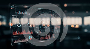 Futuristic digital dashboard displaying complex data analytics. The transparent