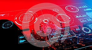 Futuristic digital dashboard displaying complex data and futuristic interface with red and blue lighting
