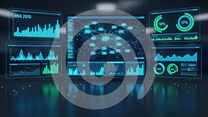 Futuristic Digital Dashboard Displaying Data Analytics Metrics