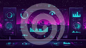 Futuristic digital dashboard displaying data analytics over cityscape background