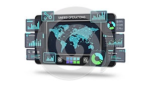Futuristic Digital Dashboard Displaying Global Operations and Data Analytics technology