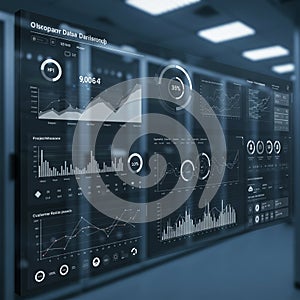 Futuristic digital dashboard displaying various data analytics in a high-tech