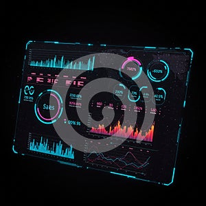 Futuristic digital dashboard displaying various data visualizations. Includes bar