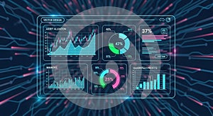 Futuristic digital dashboard displaying various data visualizations