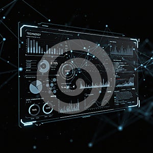 Futuristic digital dashboard displaying various data visualizations, including bar