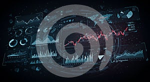 Futuristic digital dashboard displaying various data visualizations, including line