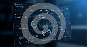 Futuristic digital dashboard displaying various data visualizations and key