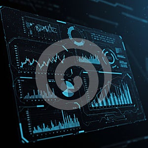 Futuristic digital dashboard displaying various graphs and data visualizations.