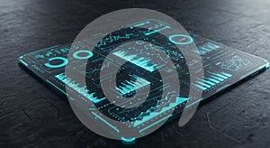 A futuristic digital dashboard displays an array of data visualizations. Embedded