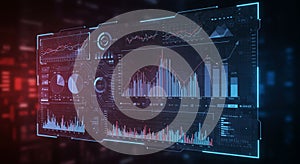 Futuristic digital dashboard featuring various data visualizations, including line