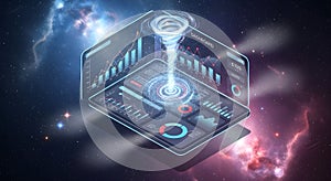 Futuristic digital dashboard with a glowing vortex, representing data analysis and innovation