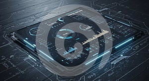 Futuristic digital dashboard interface with glowing elements and graphs. Dominated