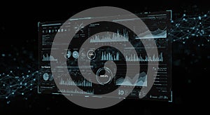 Futuristic digital dashboard interface with multiple graphs and charts, displaying data