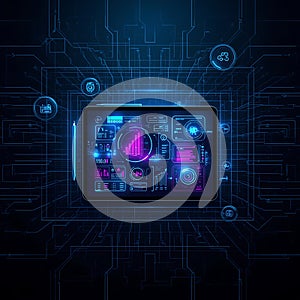 Futuristic Digital Dashboard Interface on Tablet Neon Tech UI Design, Data Analytics Visualization, Cyber Technology