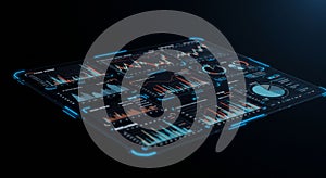 Futuristic digital dashboard with multiple data graphs and charts on a dark