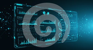 Futuristic digital dashboard with multiple data visualizations including bar graphs, line