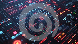 Futuristic digital dashboard with multiple displays showing data, graphs, and controls photo