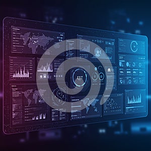 Futuristic digital dashboard with multiple screens displaying data analytics, graphs,