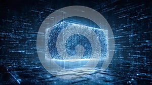 Futuristic digital data cube with binary code, abstract concept of blockchain and artificial intelligence