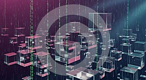 Futuristic Digital Data Cubes with Binary Code Rain - Abstract Technology Background