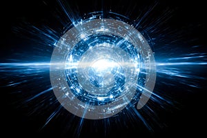 Futuristic digital data explosion with glowing blue circular design