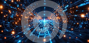 Futuristic digital data highway with glowing blue and orange lights in a virtual tunnel