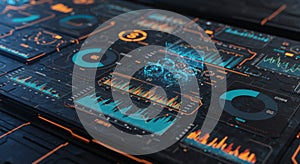 Futuristic Digital Data Interface with Graphs and Charts in Dark Tech Environment