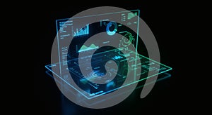 Futuristic Digital Data Interface Hologram Display with Graphs Charts and Analytics in Dark Environment