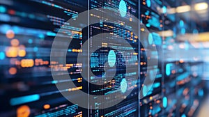 Futuristic digital data interface with neon blue and orange lights