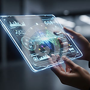Futuristic Digital Data Interface on a Transparent Tablet