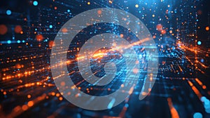 Futuristic digital data network background with glowing patterns for technology design. Big data and machine learning