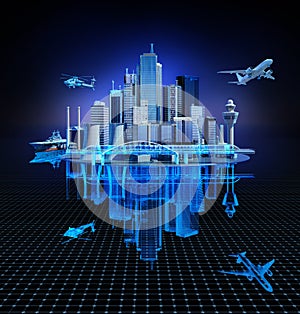 Futuristic digital data network connected. Smart City with technology 5g communication. Internet of things background concept. 3d