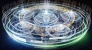 Futuristic digital data network with glowing concentric circles and binary code technology