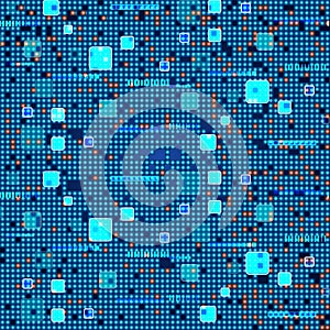 Futuristic Digital Data Network Pattern with Blue and Orange Binary Code and Glowing Squares on a Dark Background
