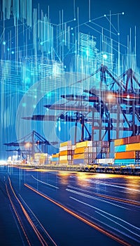 Futuristic Digital Data Network Visualization in Advanced Global Logistics and Container Terminals
