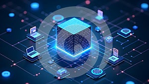 Futuristic digital data processing and network concept with glowing elements